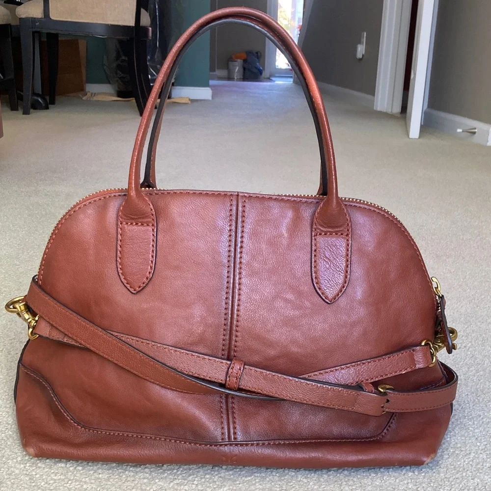 Frye Cognac Brown Leather Crossbody/Satchel Dome Bag with Gold Hardware - GUC - Picture 2 of 7